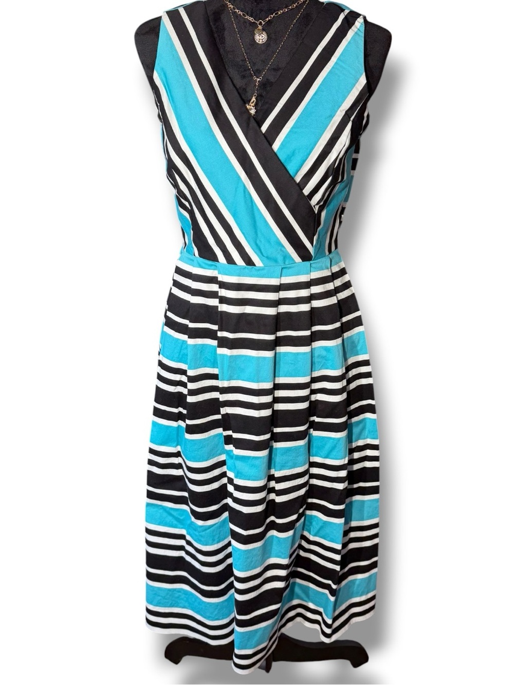 Talbots Black White Turquoise Striped Midi Dress Size 6 Womens Fit Flare